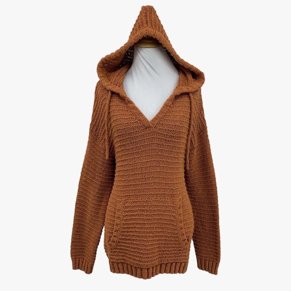 Rip Curl Sweater Womens S Small Spice Orange Chunky Knit Hooded V Neck Pullover